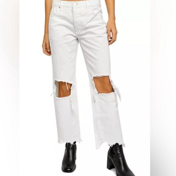 Free People Maggie Mid Rise Straight Optic White Distressed Jeans- Size 24 - Picture 2 of 10